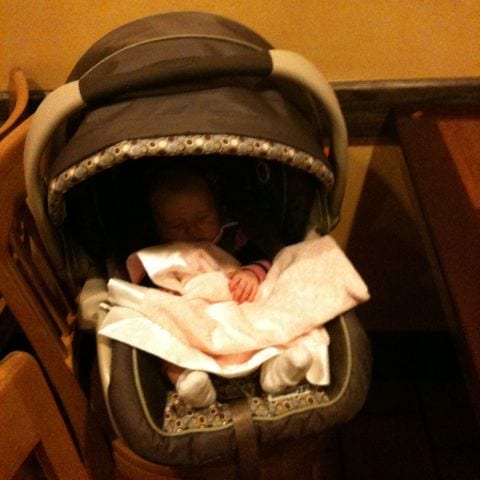 leah in her bucket seat baby in a bucket seat